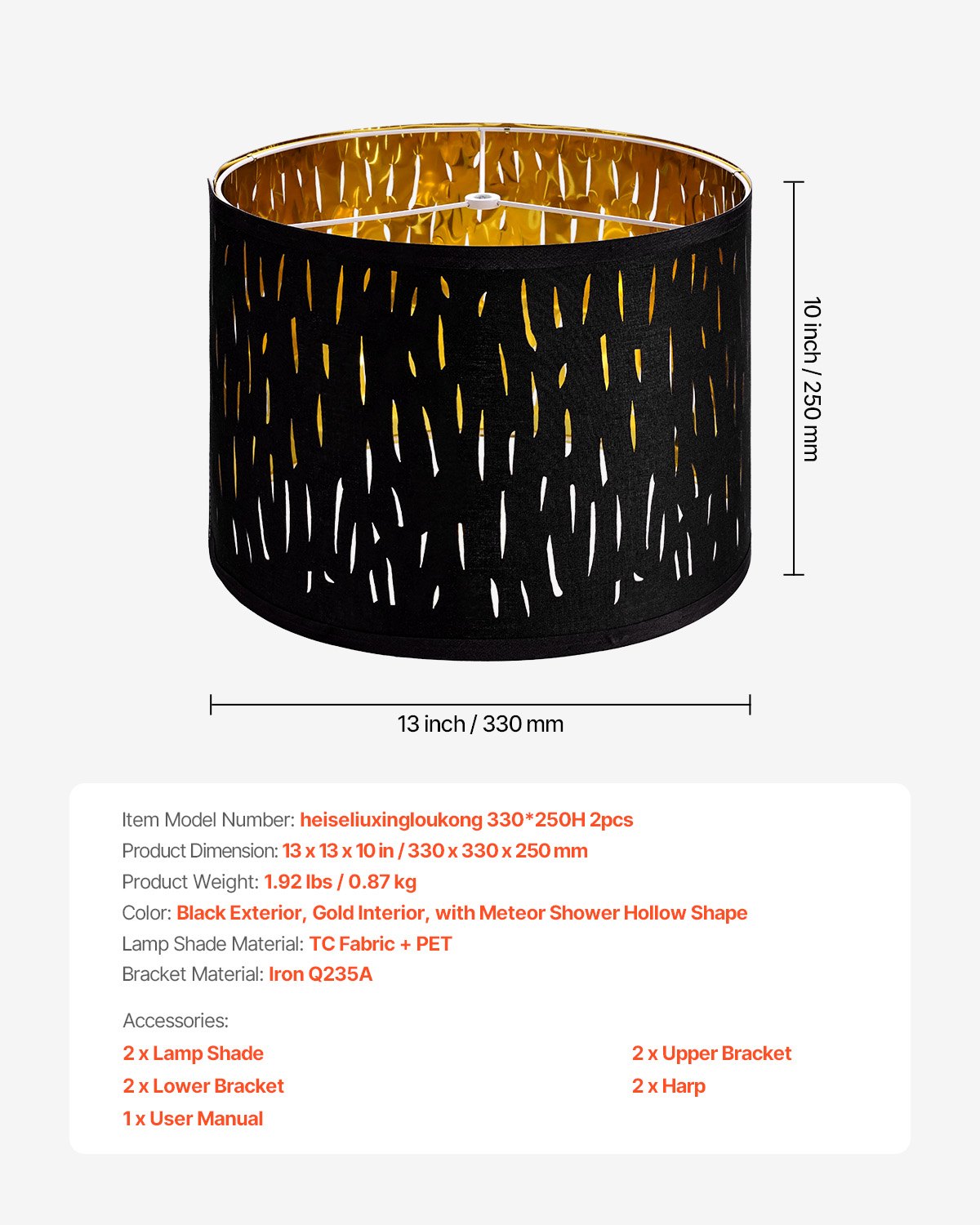 VEVOR Drum lampenkap 33x33x25 cm (boven x onder x hoog), 2 middelgrote vervangende kappen van TC-stof + PET, Harp lampenkap voor tafellampen en staande lampen (zwart hol gesneden ontwerp)