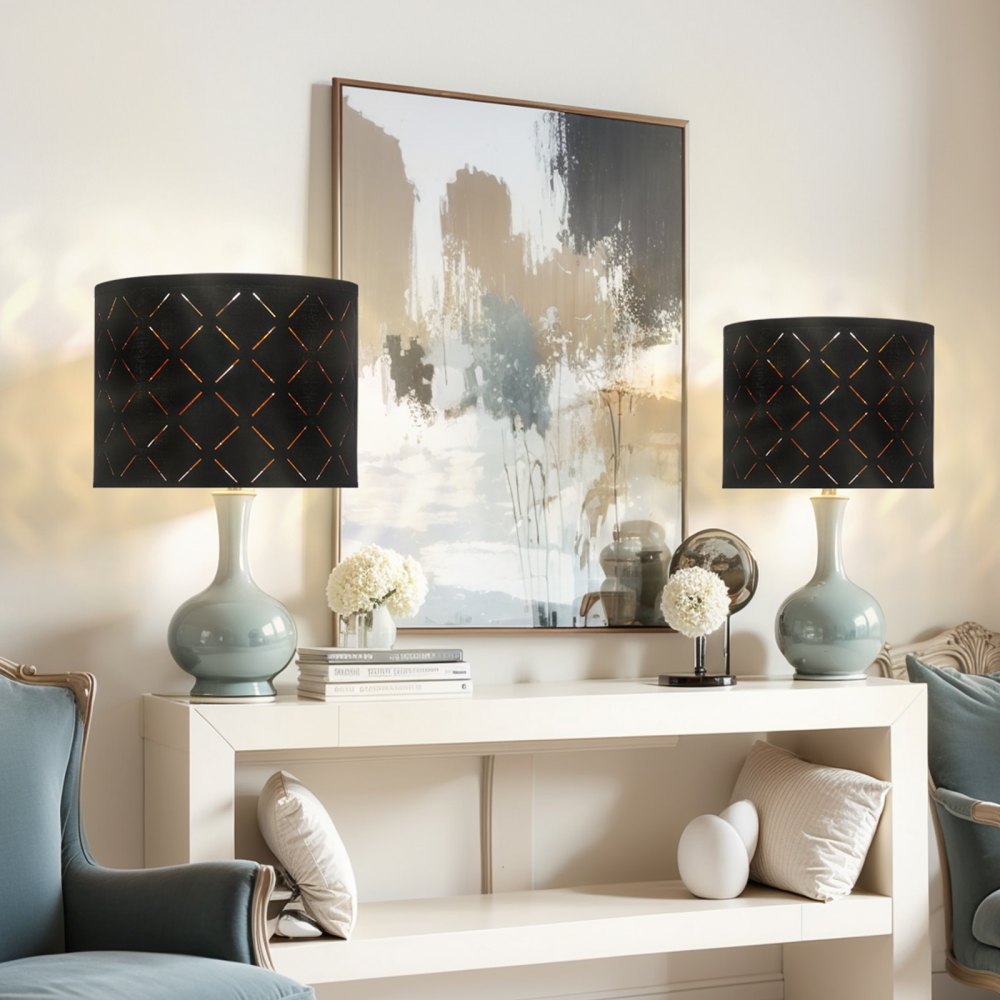 VEVOR Drum lampenkap 33x33x25 cm (boven x onder x hoog), 2 middelgrote vervangende kappen van TC-stof + PET, Harp lampenkap voor tafellampen en staande lampen (Black Diamond Hollow Design)