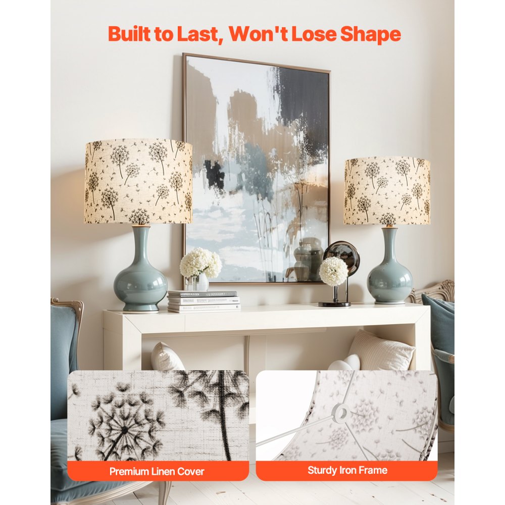 VEVOR Drum Lamp Shade 2 Set, 13 in Top x 13 in Bottom x 10 in High, Medium Drum Linen Lampshade, Replacement Lamp Shade for Table Lamps Floor Lamps, Easy Assembly Required (Light Dandelion Pattern)