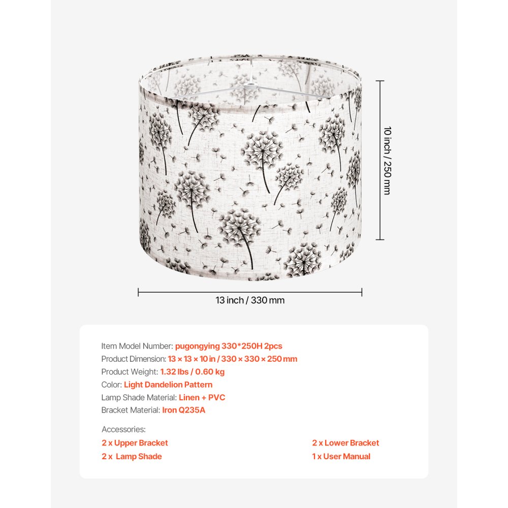 VEVOR Drum Lamp Shade 2 Set, 13 in Top x 13 in Bottom x 10 in High, Medium Drum Linen Lampshade, Replacement Lamp Shade for Table Lamps Floor Lamps, Easy Assembly Required (Light Dandelion Pattern)