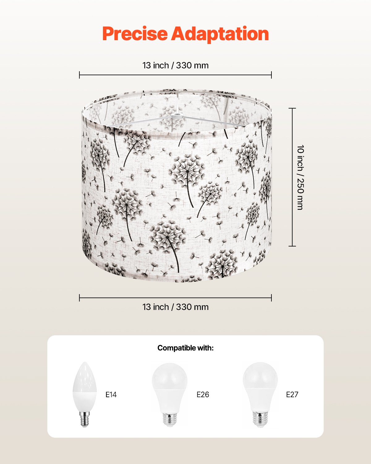 VEVOR Drum Lamp Shade 2 Set, 13 in Top x 13 in Bottom x 10 in High, Medium Drum Linen Lampshade, Replacement Lamp Shade for Table Lamps Floor Lamps, Easy Assembly Required (Light Dandelion Pattern)