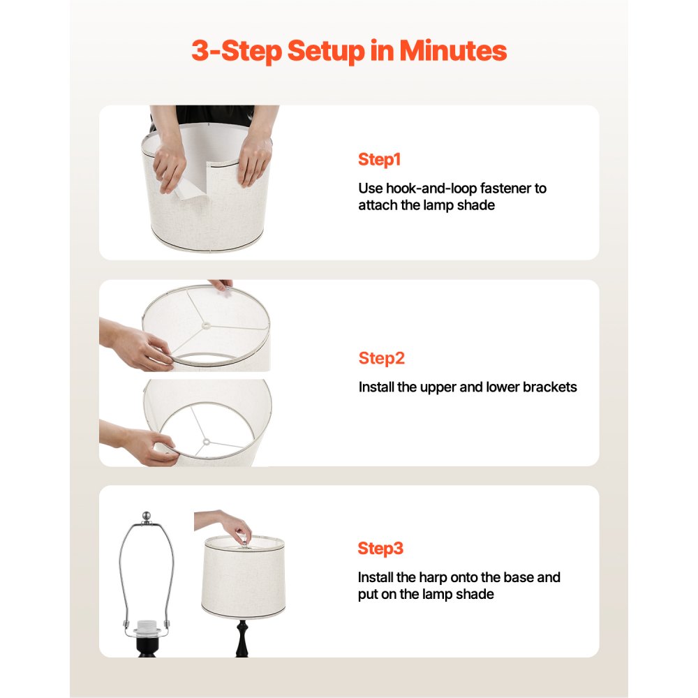 VEVOR lampenkap trommel 290 x 320 x 245 mm (boven x onder x hoog), 2 vervangende linnen kappen + PVC lampenkap met harp voor tafellampen en hanglampen (licht linnen met zwarte rand)