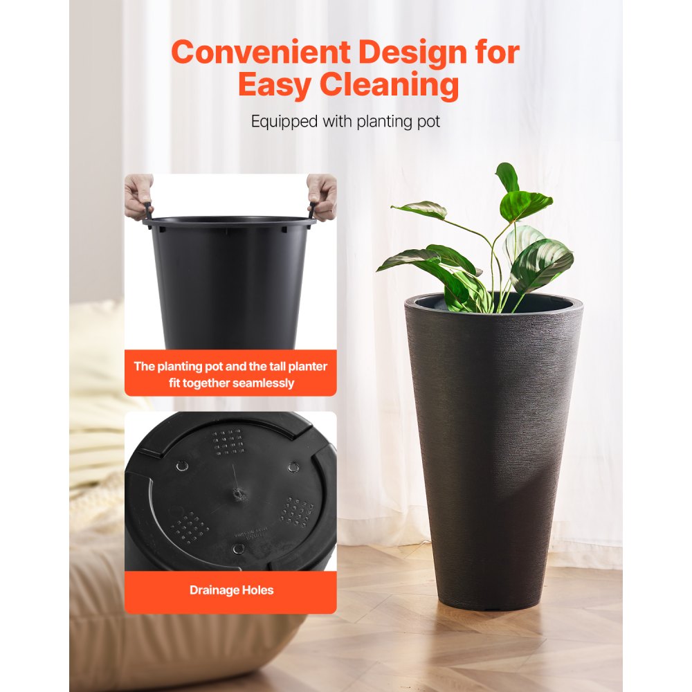 VEVOR Set of 2 Tall Planter For Outdoor Indoor Plants 24inch, Black Round Large Planters For Front Porch, Patio, Tall Taper Flower Tree Plant Pots with Modern Design and Built-in Drainage