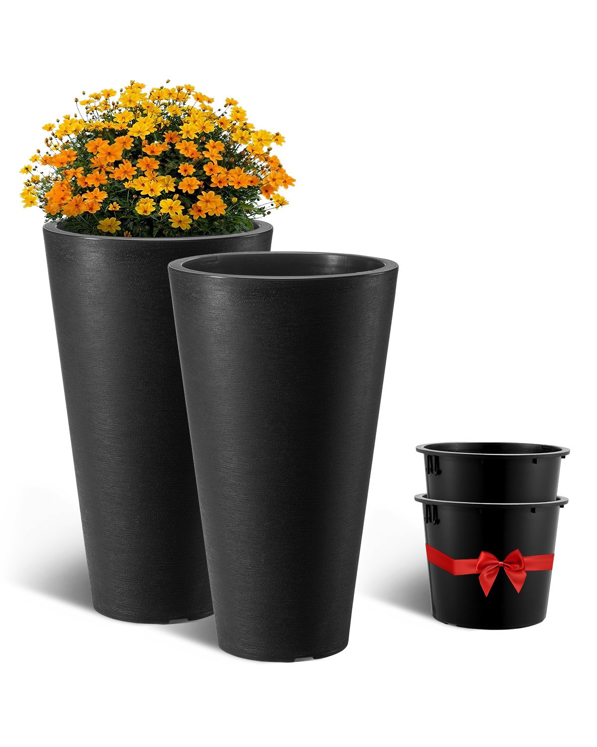 VEVOR Set of 2 Tall Planter For Outdoor Indoor Plants 24inch, Black Round Large Planters For Front Porch, Patio, Tall Taper Flower Tree Plant Pots with Modern Design and Built-in Drainage
