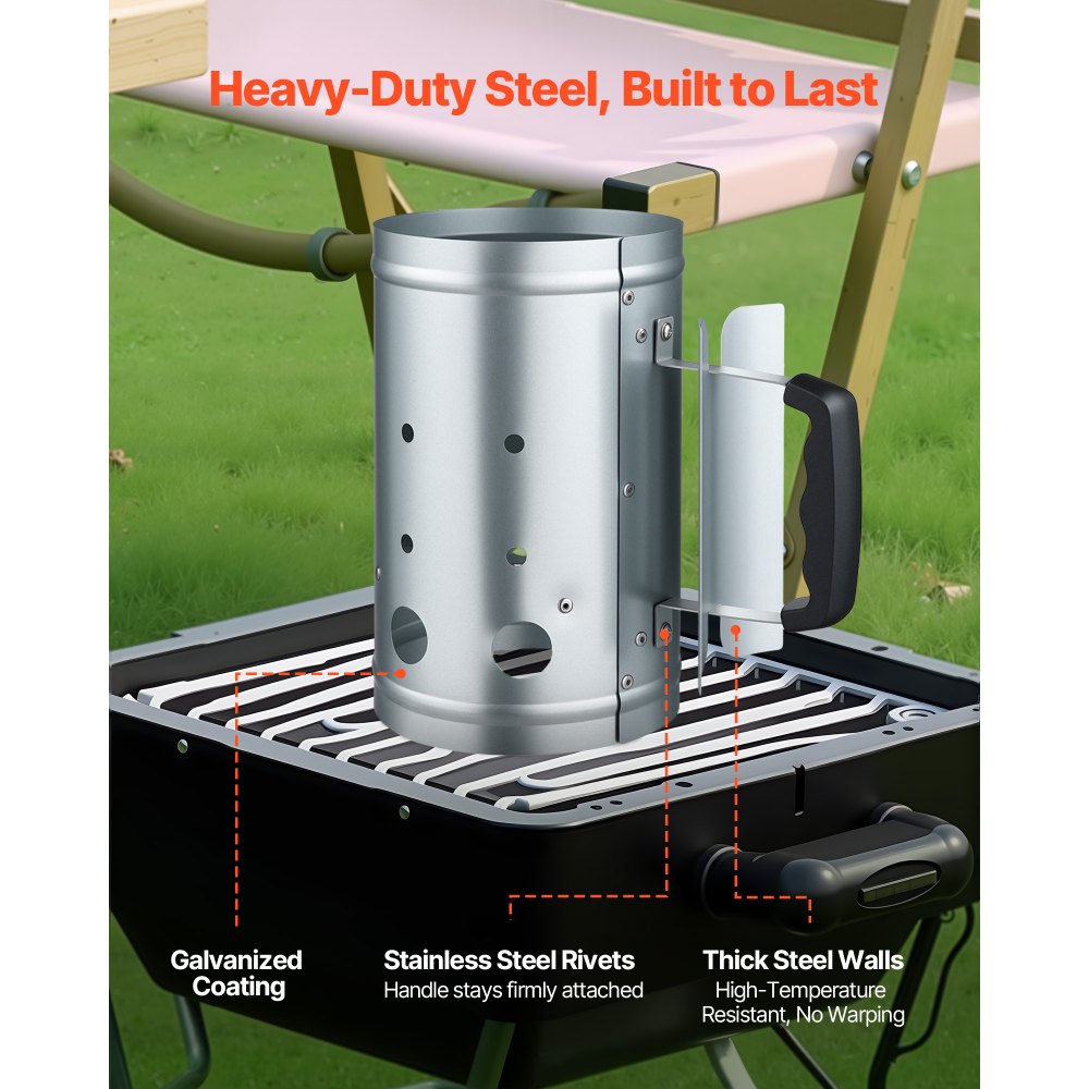 VEVOR Houtskoolstarter, 1,8 kg houtskoolstarter met grote capaciteit, stalen grillstarter voor houtskoolgrills en barbecues, draagbare houtskoolstarter en grillgereedschap, zilver