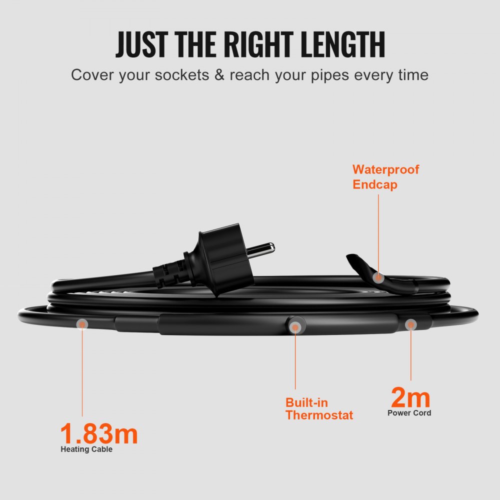 VEVOR zelfregulerende buisverwarmingskabel, 3,7 m, 16,4 W/m, verwarmingslint voor buizen, vorstbeveiliging, waterleidingverwarmingskabel met ingebouwde thermostaat beschermt PVC-slangen, metalen en kunststof buizen tegen bevriezing