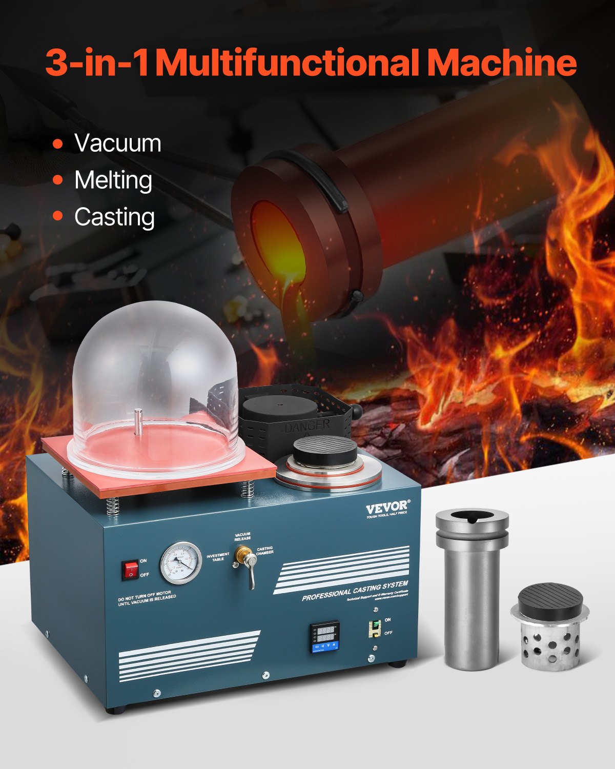 VEVOR Vacuum Investing Casting Machine with Melting Furnace, Convenient Oil Injection Port, Precision Pressure Gauge, All-in-One Machine for Casting Jewelry and Melting Scrap, Silver, Gold, Copper
