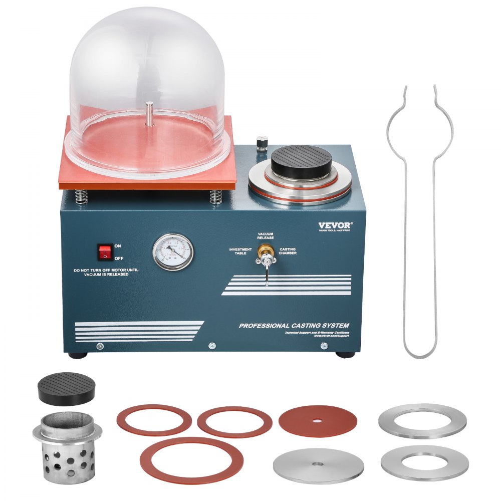 VEVOR Vacuum Investing Casting Machine, 290W Power, with 3 CFM Pump and Bell Jar, Convenient Oil Injection Port, Precision Pressure Gauge, 280x280 mm Workbench, Casting Machine for Jewelry and Metal