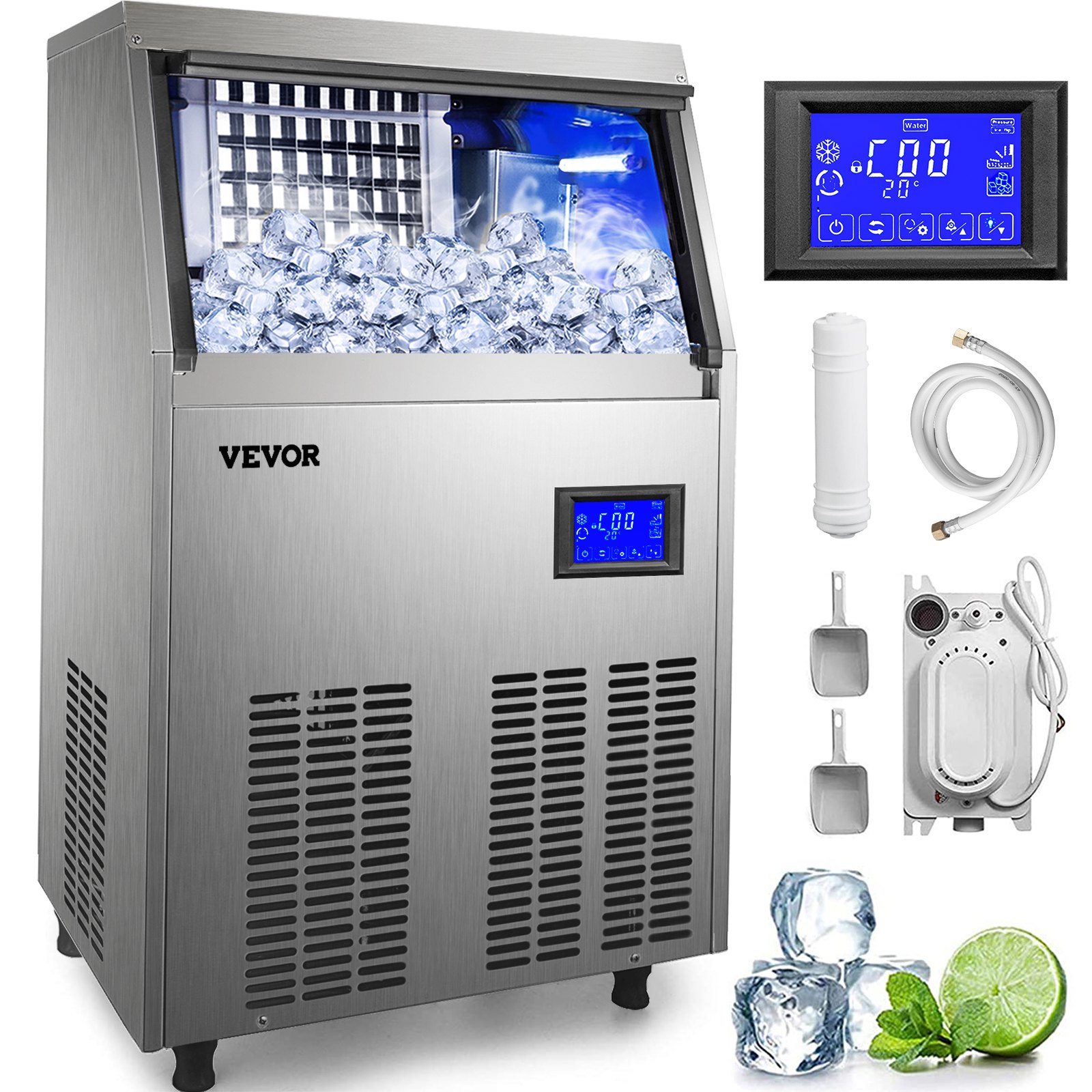 VEVOR Commercial Ice Maker 220V Stainless Steel Ice Cube Maker Machine 110LBS/24H Ice Making Machine Intelligent LCD Control Panel with Water Drain Pump for Home Bars Restaurants