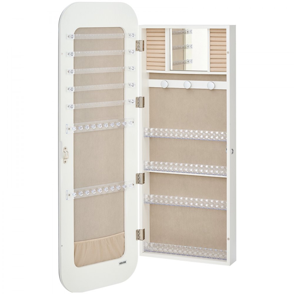 VEVOR Sieradenkast 108 cm hoog, grote spiegel met opbergruimte, wandmontage/over de deur, sieradenkast organizer, afgerond design, afsluitbaar met 2 sleutels & reisorganizer, wit