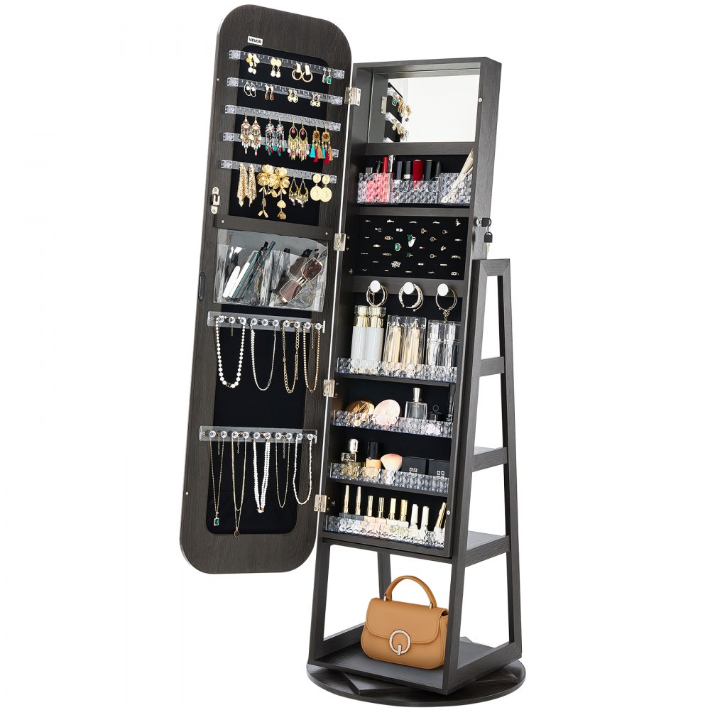 VEVOR 360° Swivel Jewelry Cabinet, 1600 mm Tall, Full-Length Mirror with Storage, Standing Rotatable Jewelry Armoire Organizer, Lockable Door with 2 Keys, Accessory Pouches, and Storage Shelves