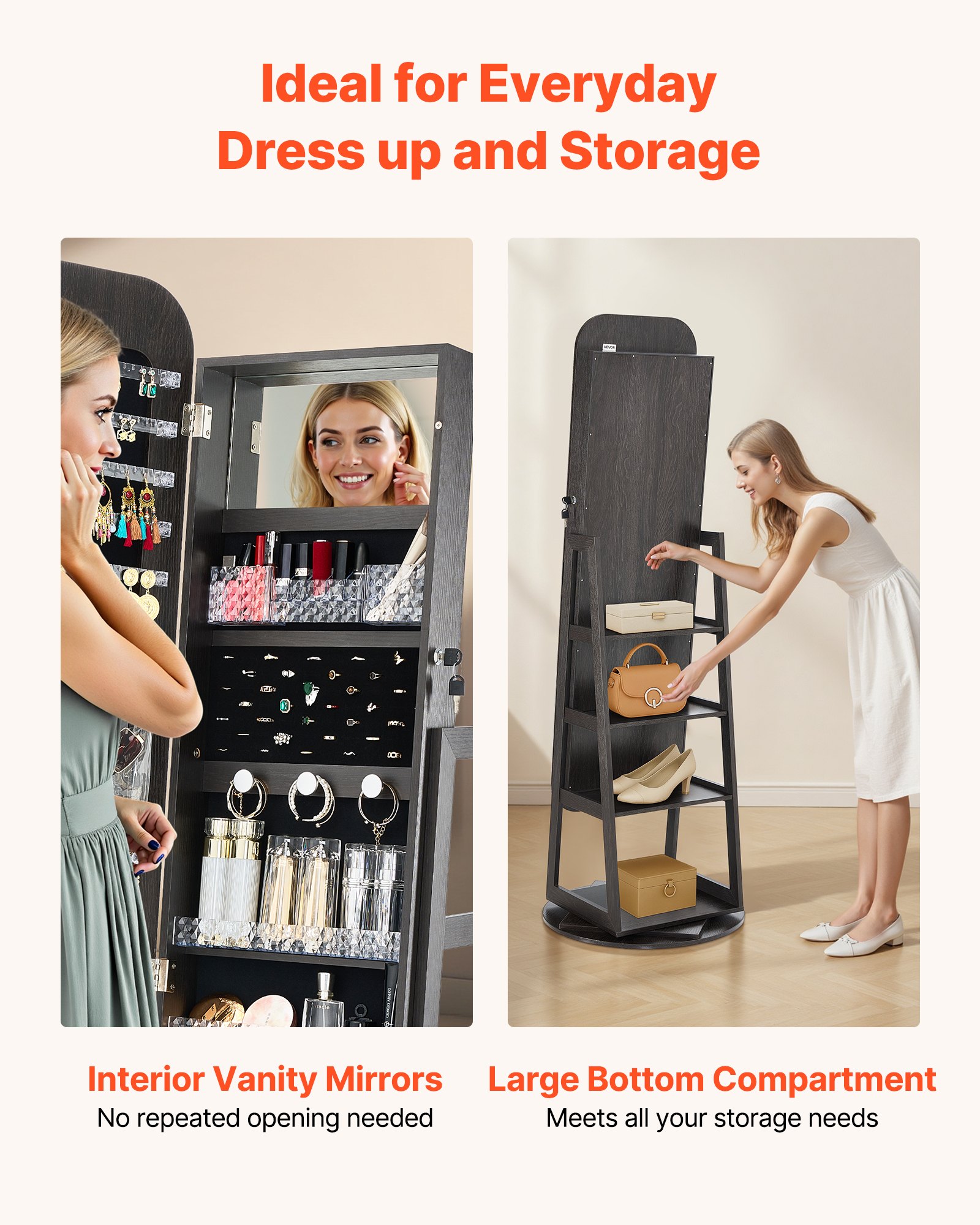 VEVOR 360° Swivel Jewelry Cabinet, 1600 mm Tall, Full-Length Mirror with Storage, Standing Rotatable Jewelry Armoire Organizer, Lockable Door with 2 Keys, Accessory Pouches, and Storage Shelves
