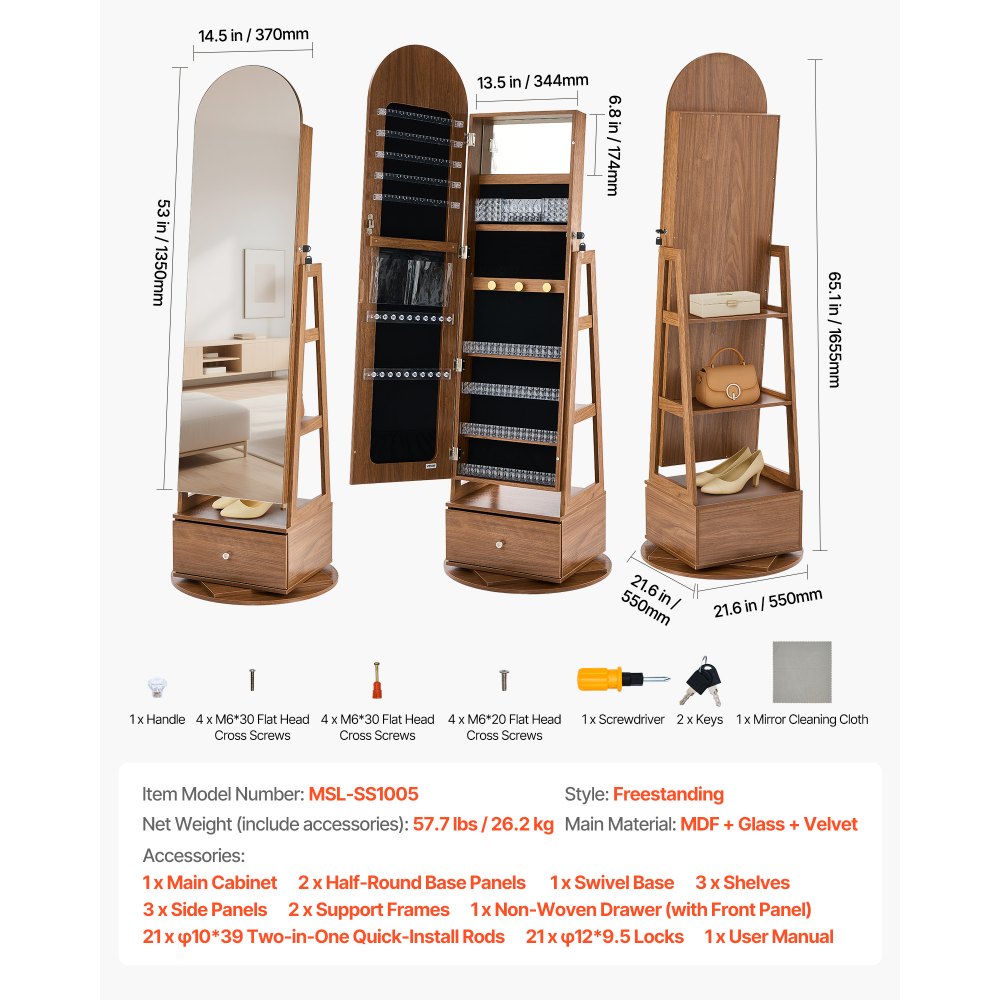VEVOR 360° Swivel Jewelry Cabinet, 1655 mm Tall, Full-Length Mirror with Storage, Standing Rotatable Jewelry Armoire Organizer, Lockable with 2 Keys, Accessory Pouches, Storage Shelves and Drawer