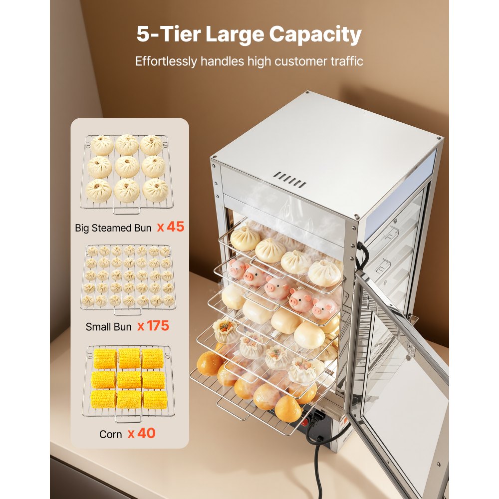 VEVOR 5-laags commerciële voedselwarmer 120 liter 30 tot 110 ℃, 1200 W broodstoomoven met LED-verlichting, verstelbare schappen en roestvrijstalen frame, warmhoudvitrine voor hamburgers en mantoubrood