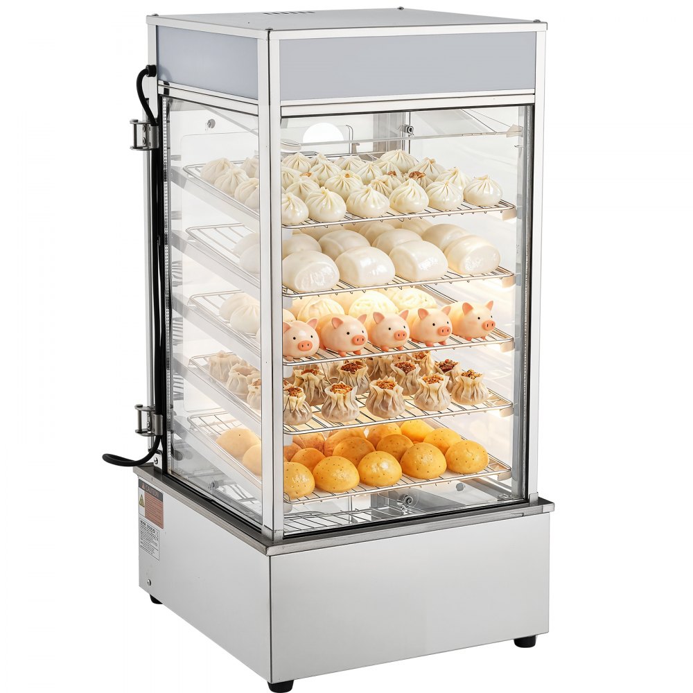 VEVOR 5-laags commerciële voedselwarmer 120 liter 30 tot 110 ℃, 1200 W broodstoomoven met LED-verlichting, verstelbare schappen en roestvrijstalen frame, warmhoudvitrine voor hamburgers en mantoubrood