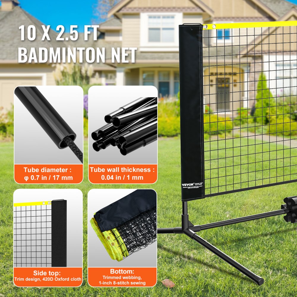 VEVOR 10ft Badminton Net Set Outdoor Portable Volleyball Pickleball Tennis Net