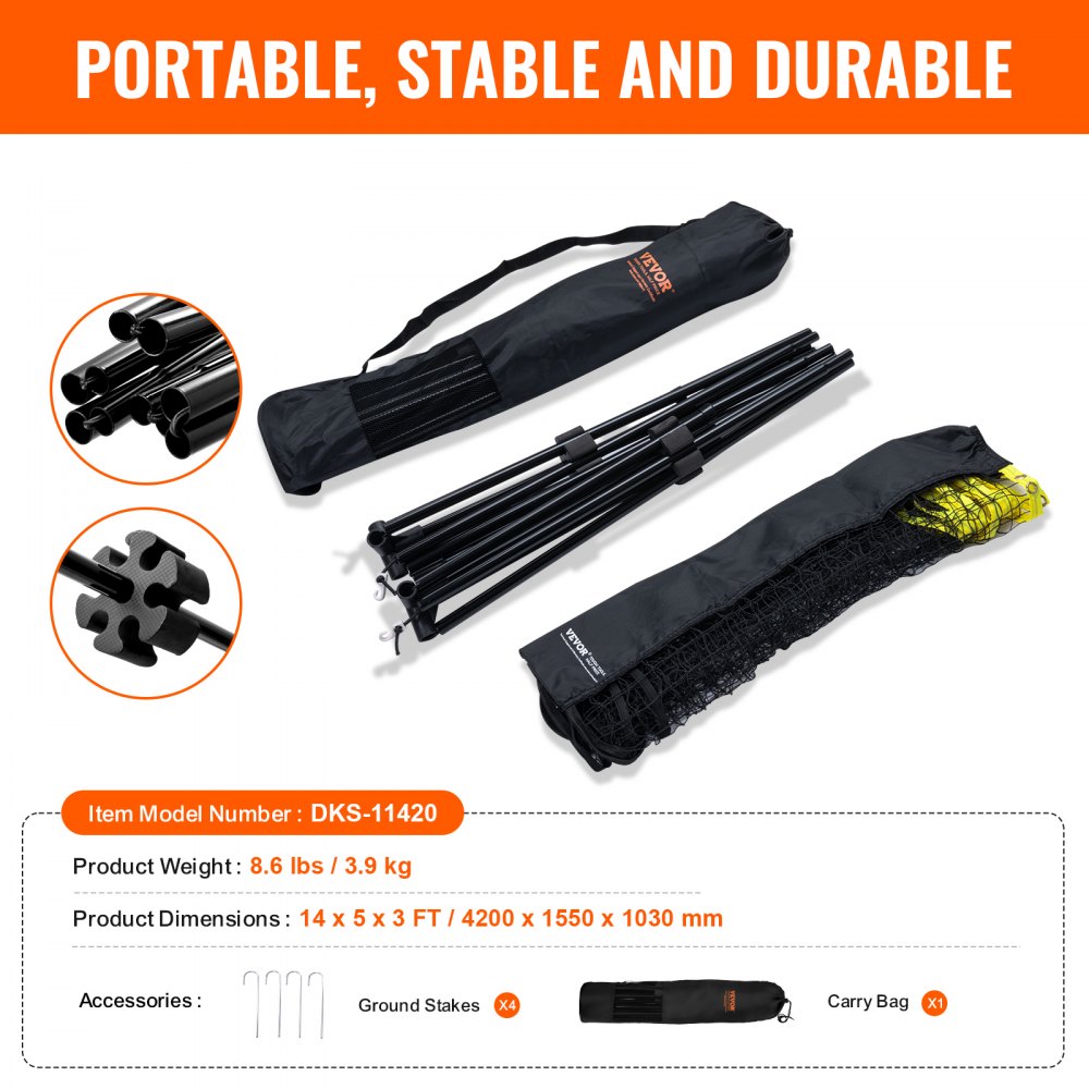 VEVOR Badmintonnet, in hoogte verstelbaar volleybalnet, 420 x 155 x 103 cm Opvouwbaar pickleballnet, draagbare tennisnetset met palen, standaard en draagtas, in de tuin, binnen en buiten