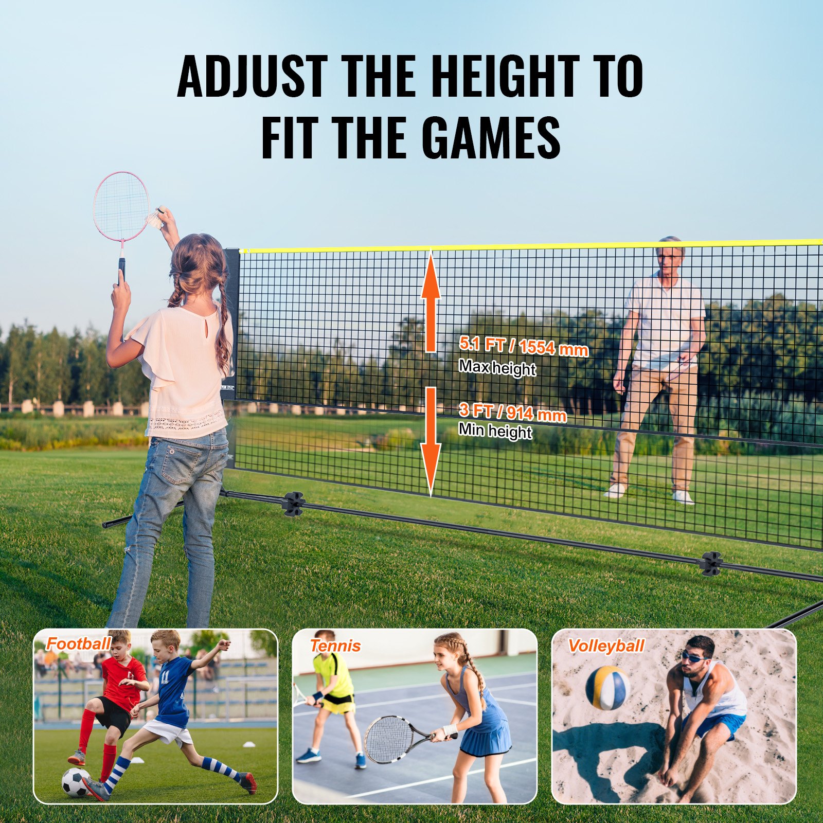 VEVOR Badminton Net Height Adjustable Volleyball Net, 5.2 m Foldable Pickleball Net, Portable Tennis Net Set with Poles & Stand & Carry Bag, for Sports and Fitness Training in the Garden,