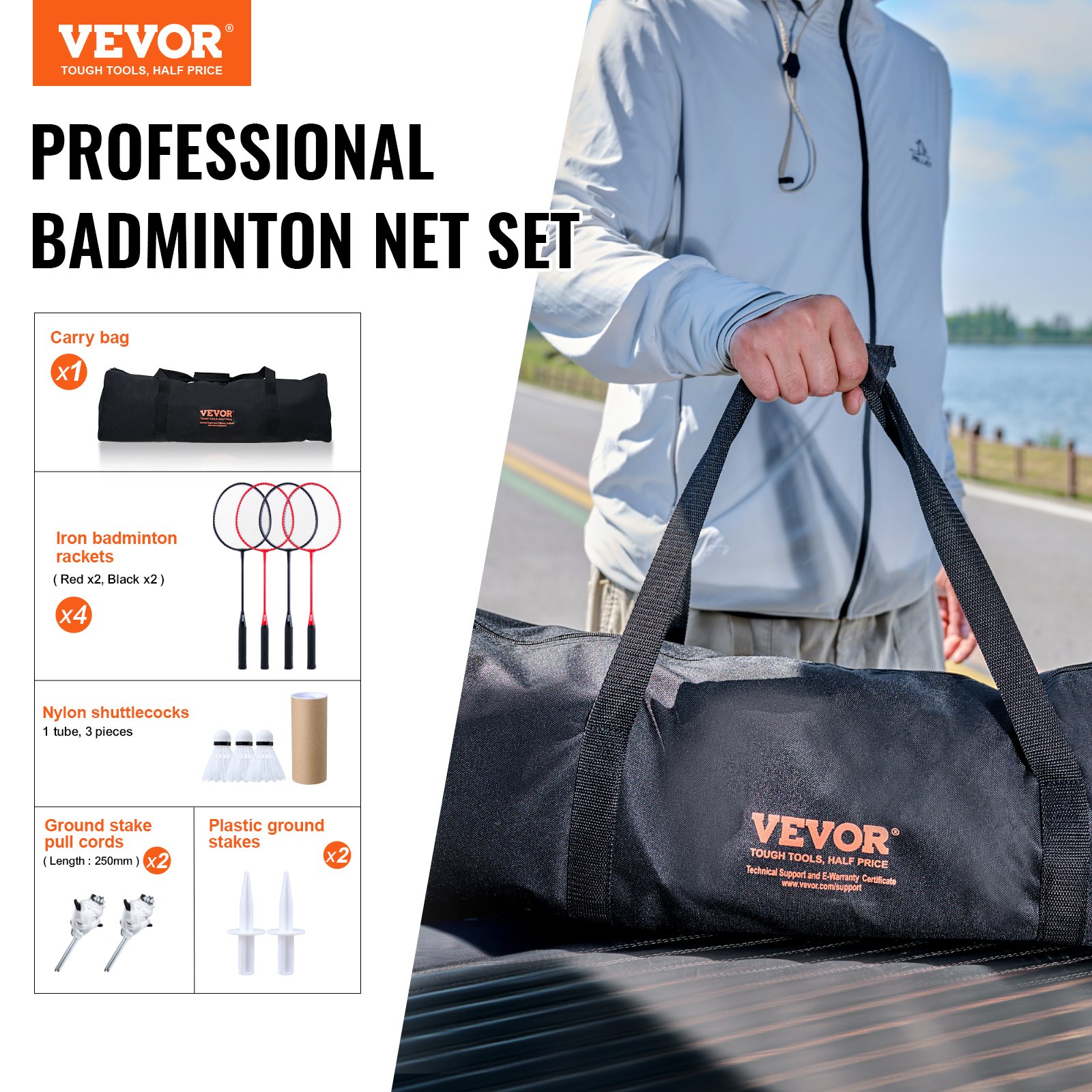 VEVOR Badminton Net Set, Outdoor Backyard Beach Park Badminton Net, Portable Badminton Equipment Set, Adults Kids Badminton Net with Poles, Carrying Bag, 4 Iron Rackets, and 3 Nylon Shuttlecocks