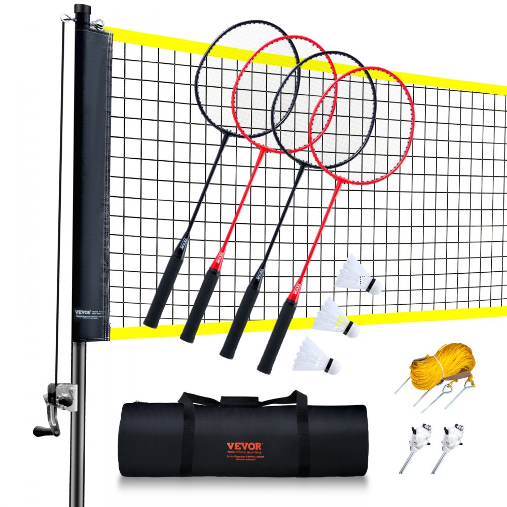 VEVOR Badmintonnetset, buitenbadmintonnet, strandparkbadmintonnet voor volwassenen en kinderen met stangen, draagtas, 4 ijzeren rackets en 3 nylon shuttles