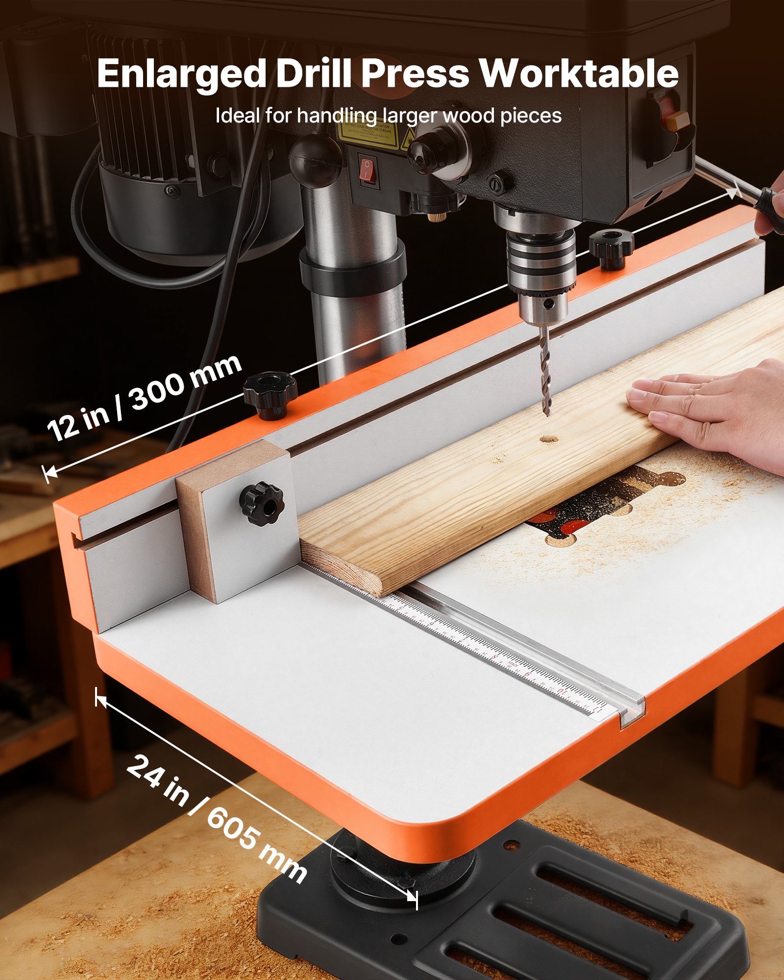 VEVOR tafel voor kolomboormachine, boortafel 605x300 mm, met verstelbare aanslag en aanslagblok, T-sleuven, MDF tafelblad, schaalverdeling, ondersteuning voor meerdere klemmen en bankschroeven.