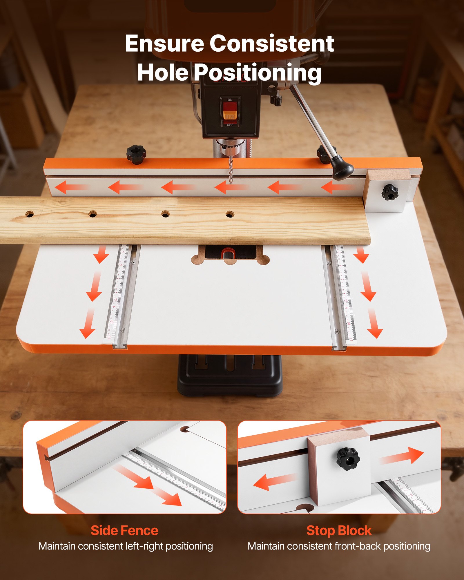 VEVOR tafel voor kolomboormachine, boortafel 605x300 mm, met verstelbare aanslag en aanslagblok, T-sleuven, MDF tafelblad, schaalverdeling, ondersteuning voor meerdere klemmen en bankschroeven.