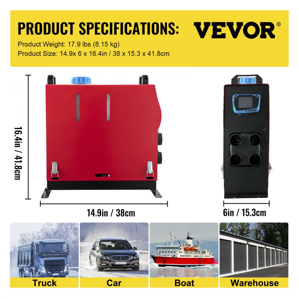 VEVOR Upgraded  5KW Air Diesel Heater 12V 4 Holes LCD Monitor For Trucks Boats Bus Car