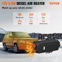 VEVOR dieselluchtverwarmer verwarmt de auto in de winter met pictogrammen voor camper, vrachtwagen, bus en boot.