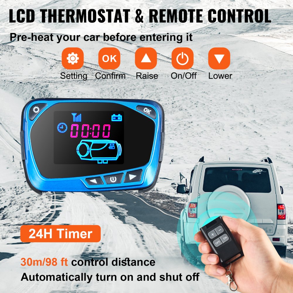 Orange Diesel Air Heater, 8KW Parking Heater, All in 1, 12V Truck Heater, One Air Outlet, with Red LCD Switch, Remote Control, Fast Heating Diesel Heater, For Car, RV Truck, Boat, Campervans, Caravans
