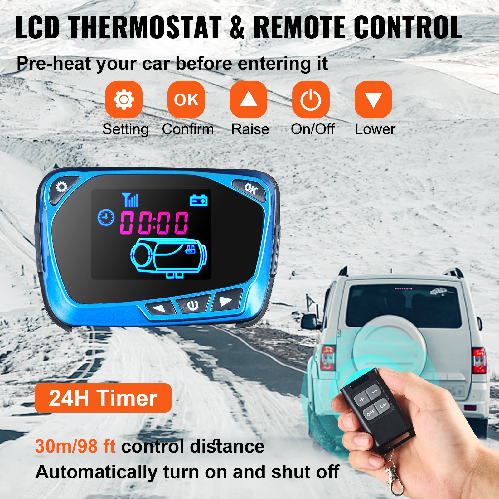 Orange Diesel Air Heater, 8KW Parking Heater, All in 1, 12V Truck Heater, One Air Outlet, with Red LCD Switch, Remote Control, Fast Heating Diesel Heater, For Car, RV Truck, Boat, Campervans, Caravans