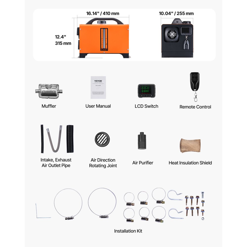 VEVOR Diesel Luchtverwarmer 12-24V 8KW, Snel verwarmende luchtverwarmer met afstandsbediening en vierkant digitaal kleurendisplay, geluidsarm, voor camper, vrachtwagen, boot, trailer