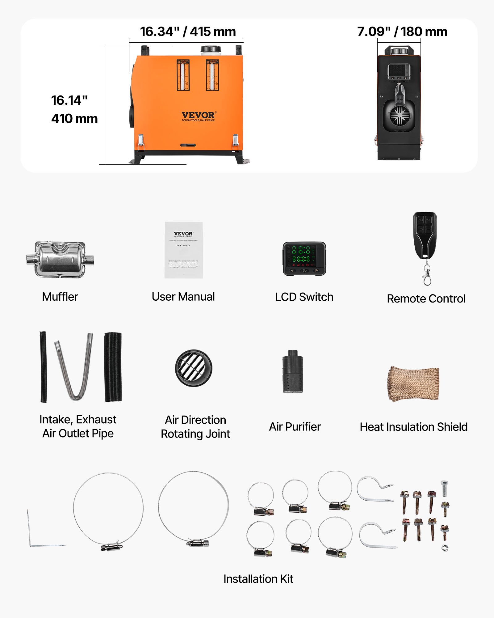 VEVOR Diesel Luchtverwarmer 12-24V 8KW, Snel verwarmende luchtverwarmer met afstandsbediening, digitaal kleurendisplay en gesproken aankondiging, geluidsarm, voor camper, vrachtwagen, boot, trailer