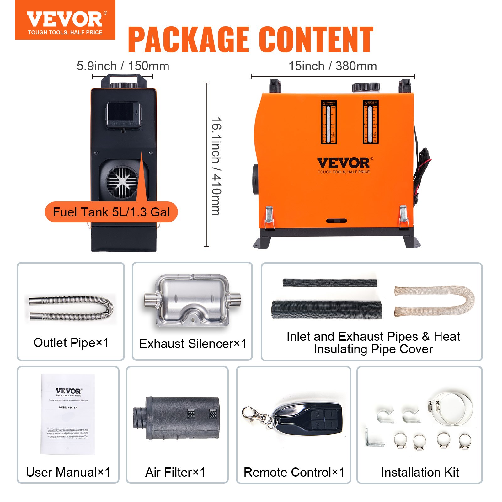 VEVOR Lucht-dieselverwarming, standkachel 12V 5-8KW, luchtverwarmer, lucht-dieselverwarming, standkachel, luchtverwarmer, 0,16-0,62 l/u. Dieselverwarming met LCD-scherm en afstandsbediening. Lucht-dieselverwarming voor bussen, vrachtwagens, enz.