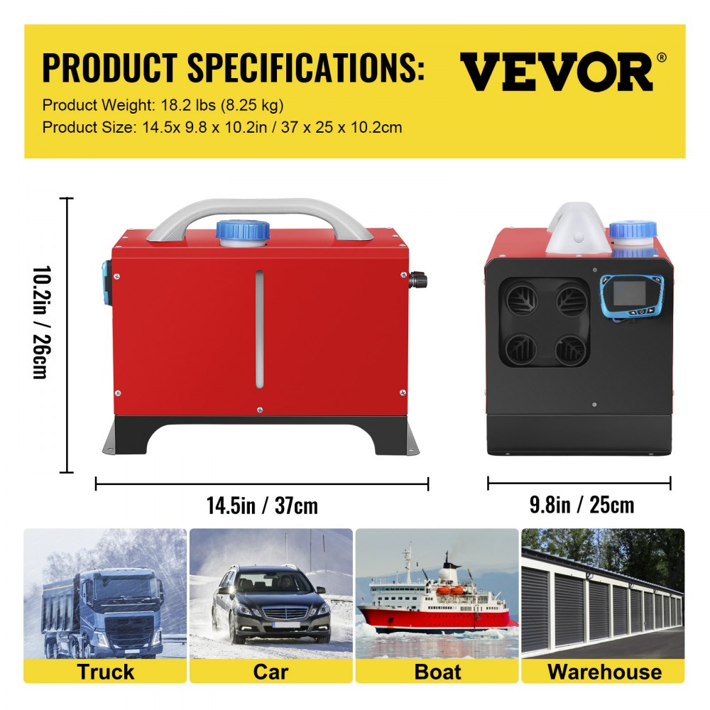 VEVOR Luchtverwarmers Auto Diesel Luchtverwarmer Standkachel Diesel 12V 5KW LCD/ 4-Luchtuitlaat