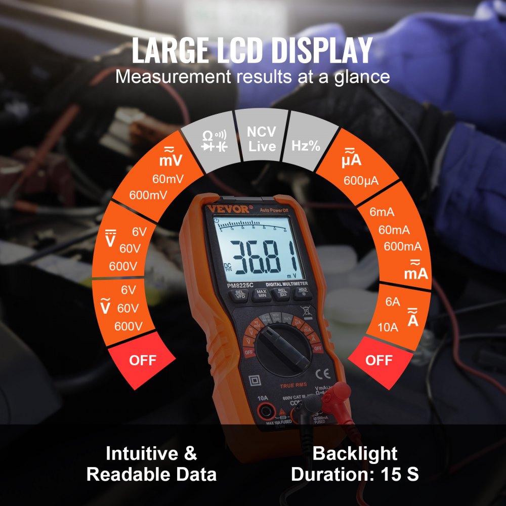VEVOR Digitale multimeter 4000 counts Voltmeter Batterijtester Spanningstester Continuïteitstester Ohm Volt Ampèremeter AC/DC-spanning Stroom Weerstandsdiode Groot LCD-scherm en achtergrondverlichting