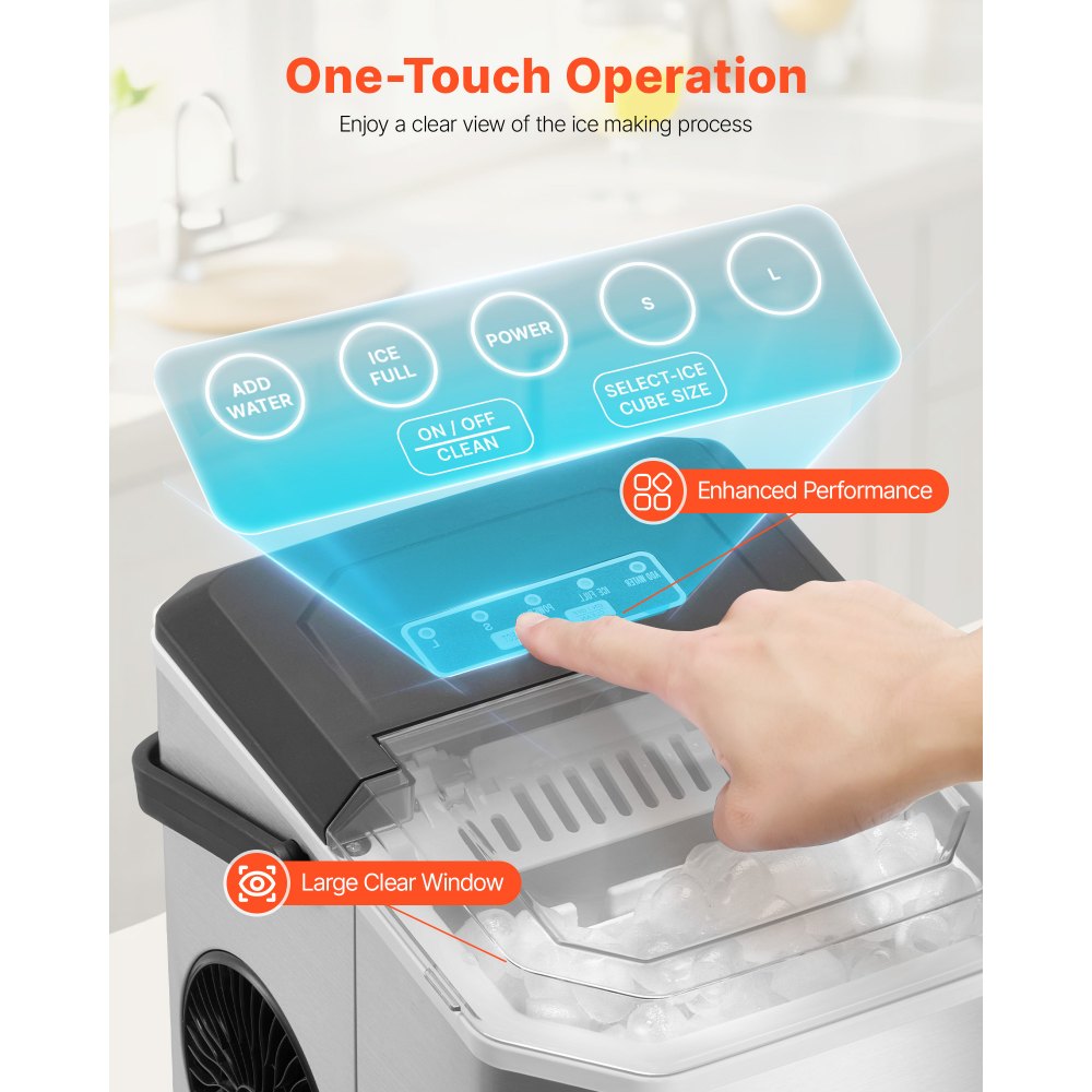 VEVOR ijsblokjesmachine IJsblokjesmachine 9 blokjes in 6 minuten, 11,8 kg / 24 uur, draagbare ijsblokjesmachine met schep en mand, ijsmachine met 2 formaten voor keukenbar Zilver