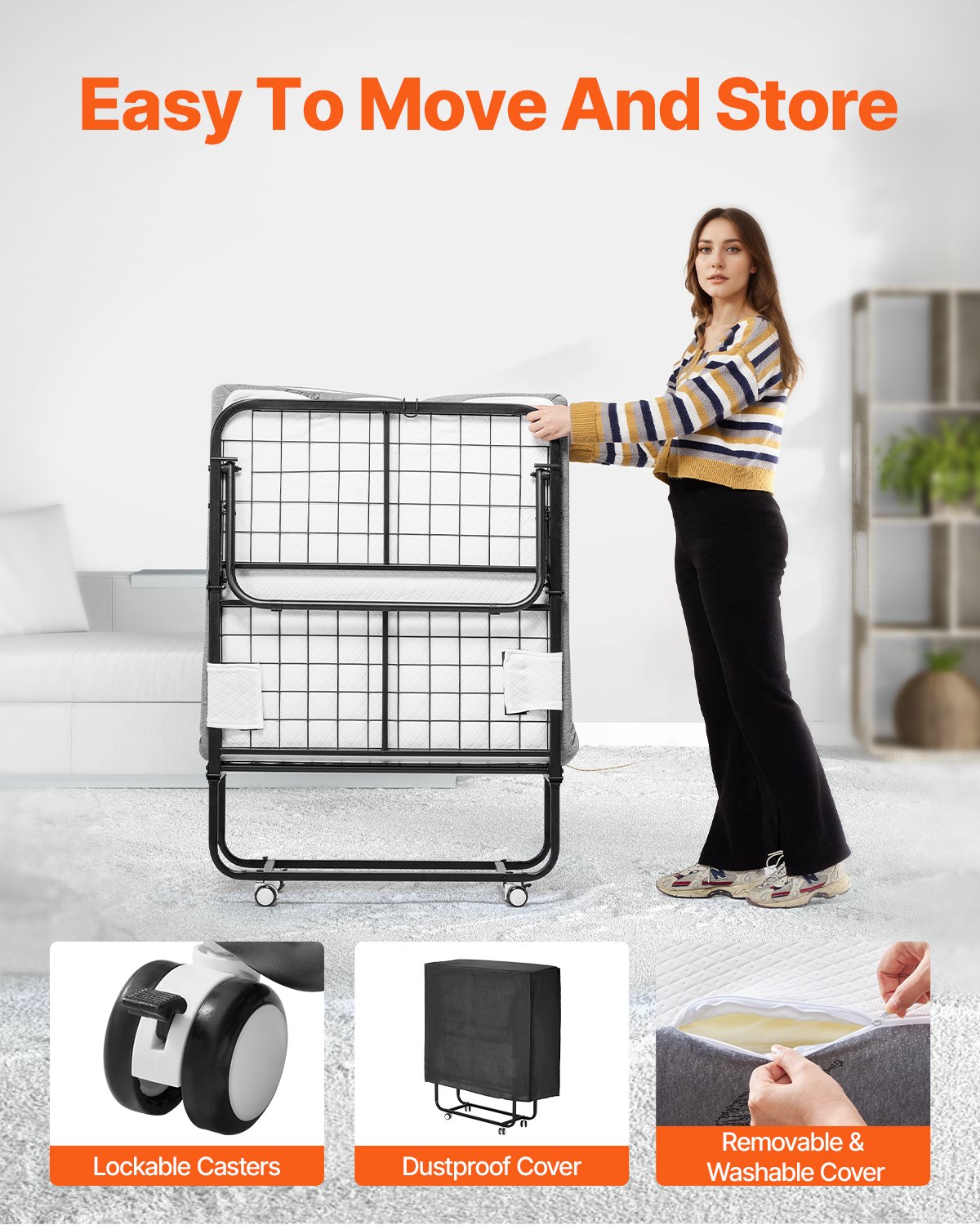 VEVOR Rollaway Bed met 10 cm matras, opvouwbaar eenpersoonsbed met traagschuimmatras (190 x 81 cm), draagvermogen van 136,1 kg Logeerbed voor volwassenen, metalen bed voor slaapkamer/woonkamer