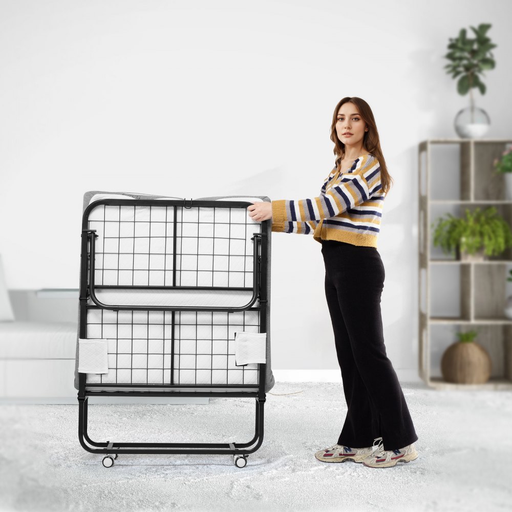VEVOR Rollaway Bed met 12,5 cm matras, opvouwbaar eenpersoonsbed met traagschuimmatras (190 x 81 cm), draagvermogen van 136,1 kg Logeerbed voor volwassenen, metalen bed voor slaapkamer/woonkamer