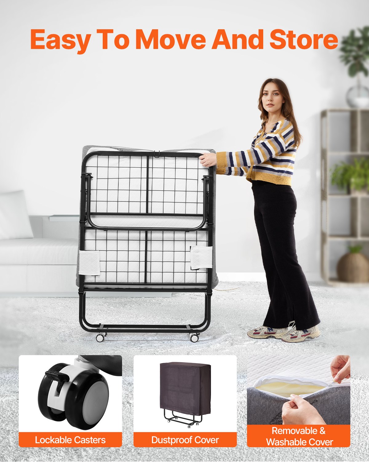 VEVOR Rollaway Bed met 12,5 cm matras, opvouwbaar eenpersoonsbed met traagschuimmatras (190 x 81 cm), draagvermogen van 136,1 kg Logeerbed voor volwassenen, metalen bed voor slaapkamer/woonkamer