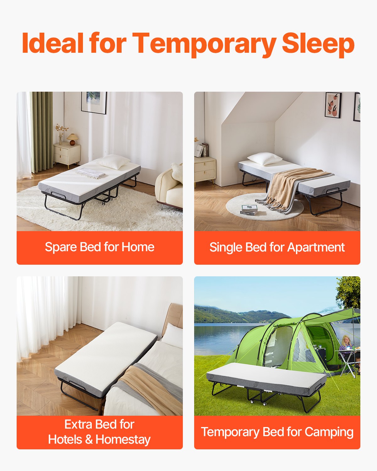 VEVOR Rollaway Bed met 12,5 cm matras, opvouwbaar eenpersoonsbed met traagschuimmatras (190 x 81 cm), draagvermogen van 136,1 kg Logeerbed voor volwassenen, metalen bed voor slaapkamer/woonkamer