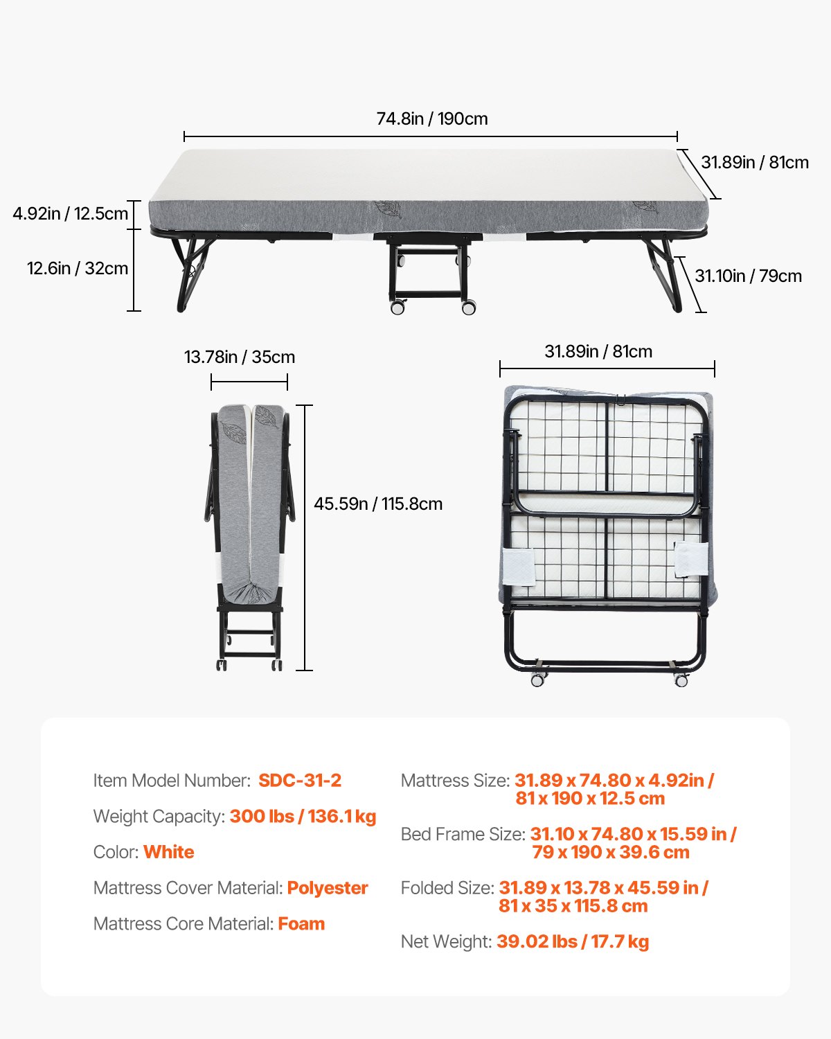 VEVOR Rollaway Bed met 12,5 cm matras, opvouwbaar eenpersoonsbed met traagschuimmatras (190 x 81 cm), draagvermogen van 136,1 kg Logeerbed voor volwassenen, metalen bed voor slaapkamer/woonkamer