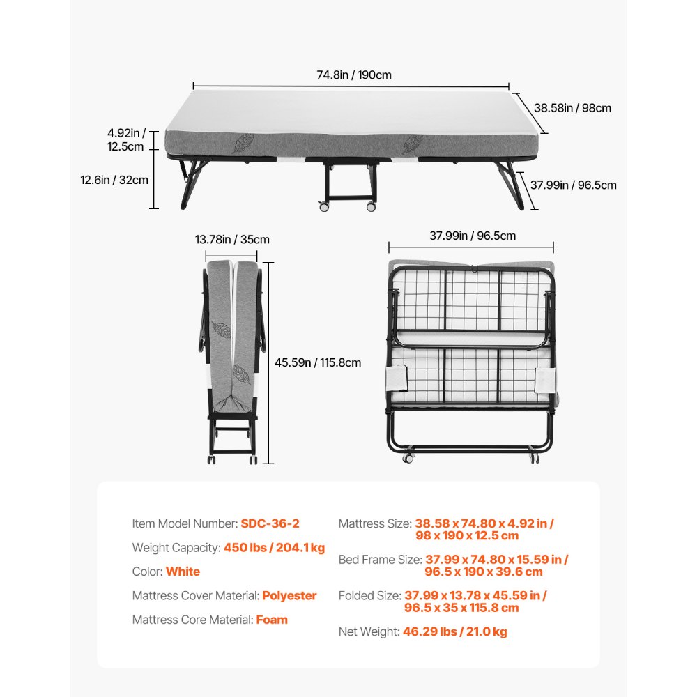 VEVOR Rollaway Bed met 12,7 cm matras, opvouwbaar eenpersoonsbed met traagschuimmatras (190 x 98 cm), draagvermogen van 204,1 kg Logeerbed voor volwassenen, metalen bed voor slaapkamer