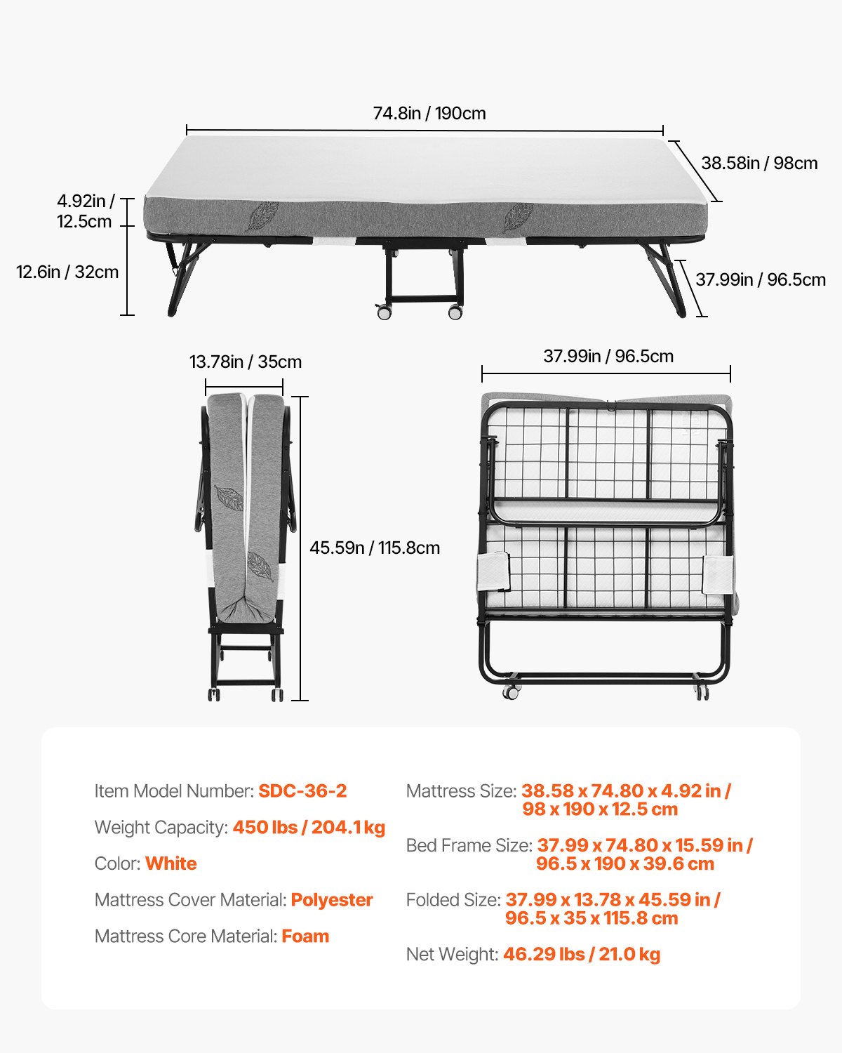 VEVOR Rollaway Bed met 12,7 cm matras, opvouwbaar eenpersoonsbed met traagschuimmatras (190 x 98 cm), draagvermogen van 204,1 kg Logeerbed voor volwassenen, metalen bed voor slaapkamer