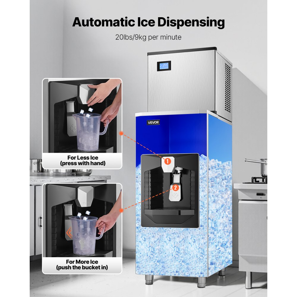 VEVOR ijsdispenser, ijsopslagcontainer met een capaciteit van 80 kg, automatische ijsdosering van 9 kg/min met crusher, in hoogte verstelbare poten, voor commerciële ijsmachines, restaurants en hotels.