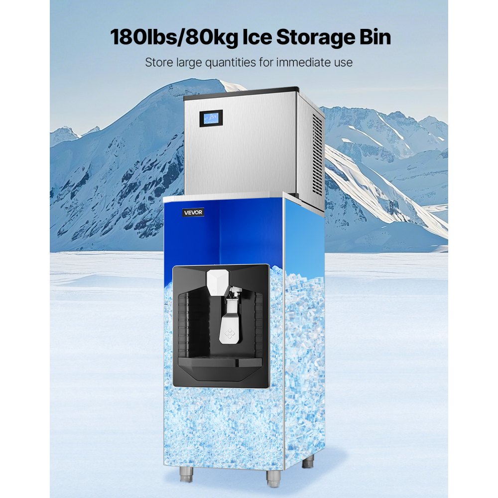 VEVOR ijsdispenser, ijsopslagcontainer met een capaciteit van 80 kg, automatische ijsdosering van 9 kg/min met crusher, in hoogte verstelbare poten, voor commerciële ijsmachines, restaurants en hotels.