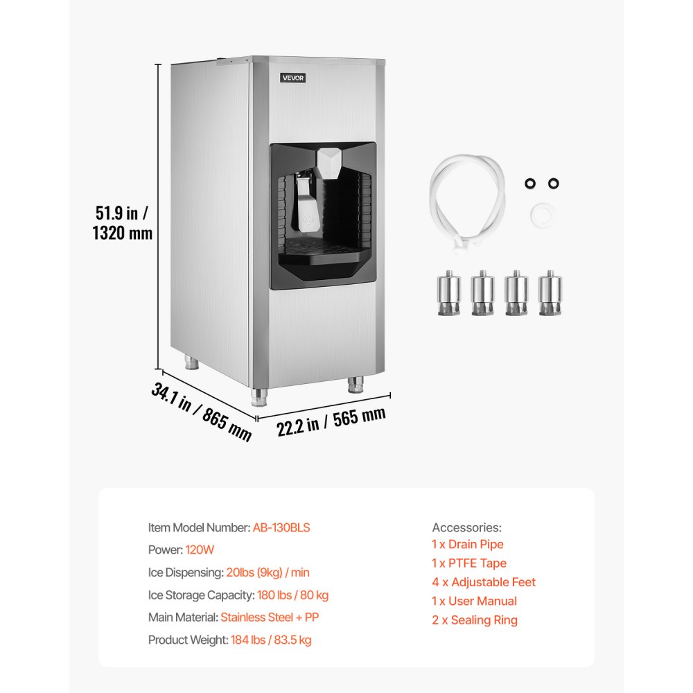 VEVOR ijsdispenser, ijsopslagcontainer met een capaciteit van 80 kg, automatische ijsdosering van 9 kg/min met crusher, in hoogte verstelbare poten, voor commerciële ijsmachines, restaurants en hotels.