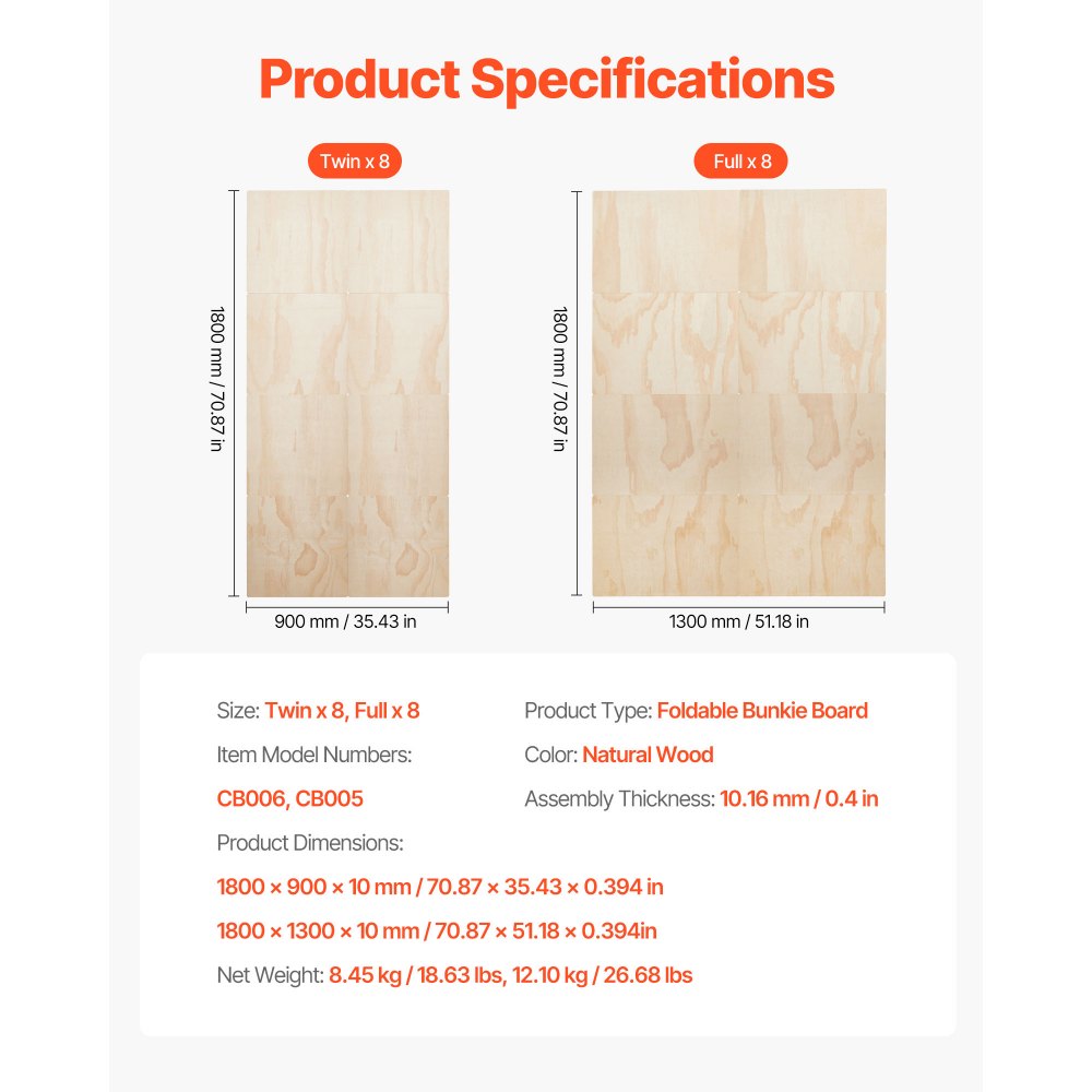 VEVOR Twin Size Bunkie Board Opvouwbare Bedplank Lattenbodem met Connector, Houten Matrastopper, Ondersteuning onder Matrasplanken, Klaar voor Gebruik, 8-delige Natuurlijke Houten Lattenbodems