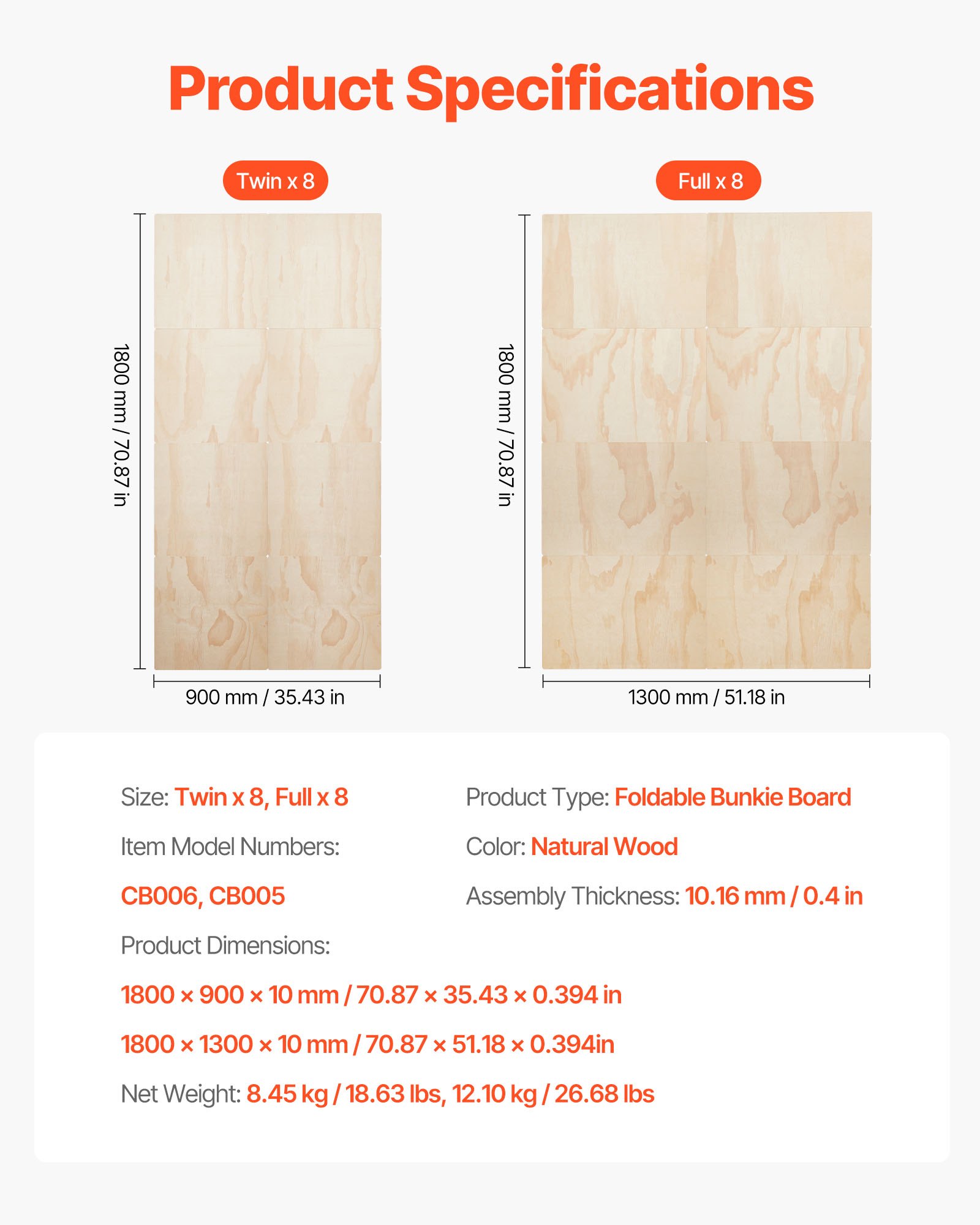 VEVOR Twin Size Bunkie Board Opvouwbare Bedplank Lattenbodem met Connector, Houten Matrastopper, Ondersteuning onder Matrasplanken, Klaar voor Gebruik, 8-delige Natuurlijke Houten Lattenbodems