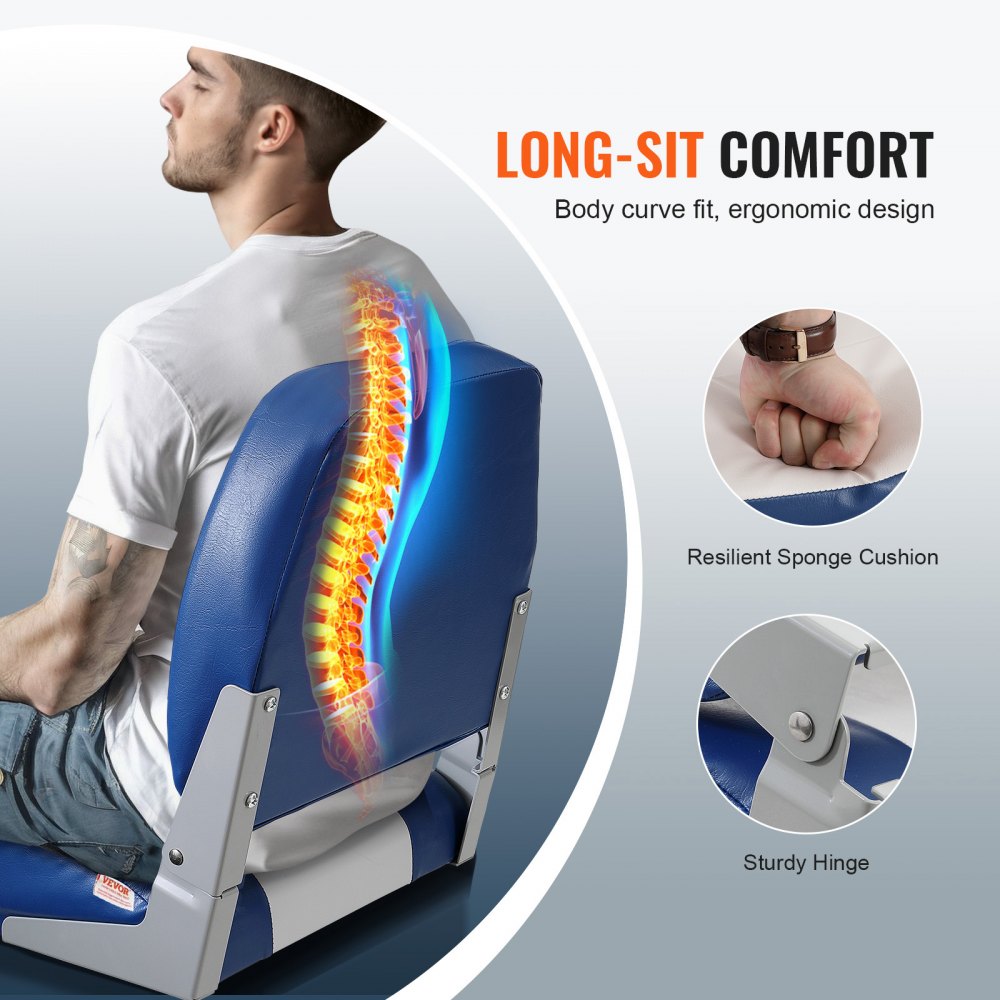 VEVOR Bootstoel 48 cm Bootstoel met lage rugleuning, opvouwbare bootstoel met dikke sponsvulling en scharnier, neerklapbare bootkapiteinsstoel voor visboot, toerboot