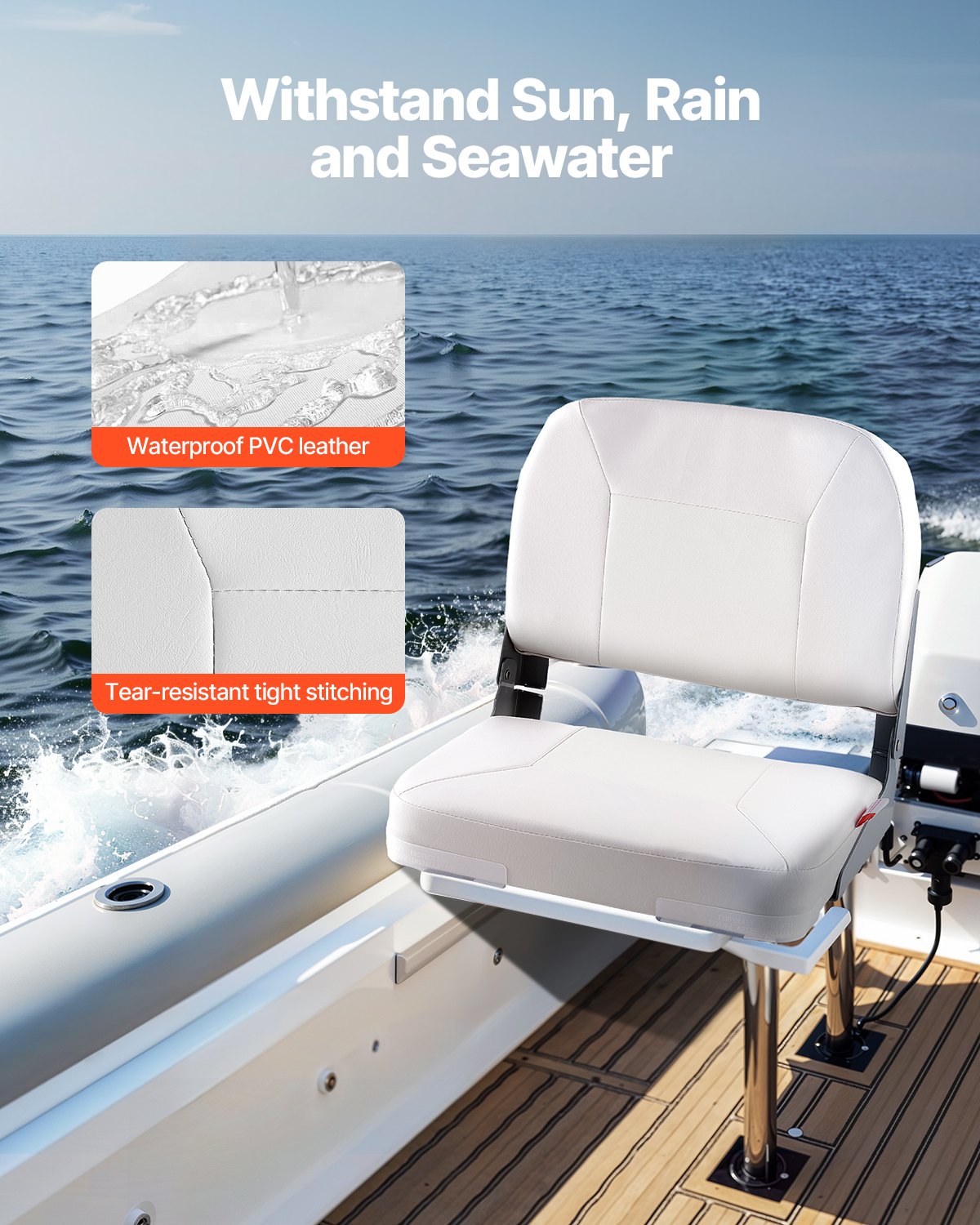 VEVOR 1-delige bootstoel met lage rugleuning, opvouwbare vissersbootstoel met dikke sponskussen en waterdicht PVC-leer, scharnieren van aluminiumlegering, voor jachten en boten, wit